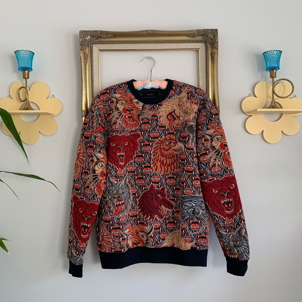 Zara Jacquard Bear Tiger Wolf Hawk All Over Print Pullover
